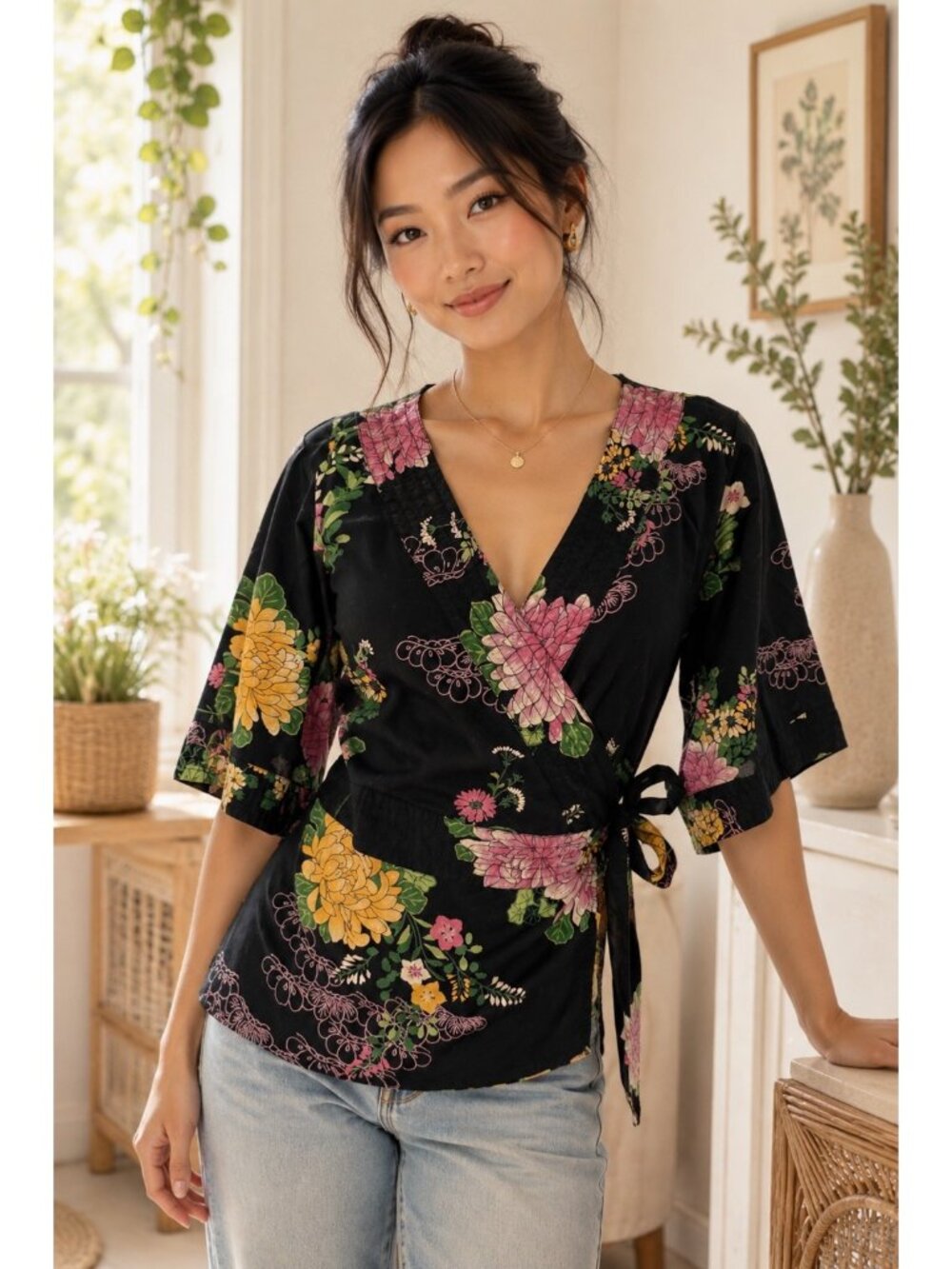 H&M Floral Wrap Top Black Cotton Boho Kimono Sleeve Blouse Women’s US 6
